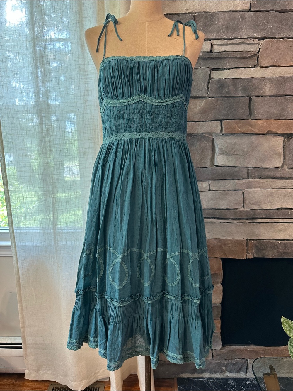 Tocca Teal Spaghetti-Strap Smocked Midi Dress